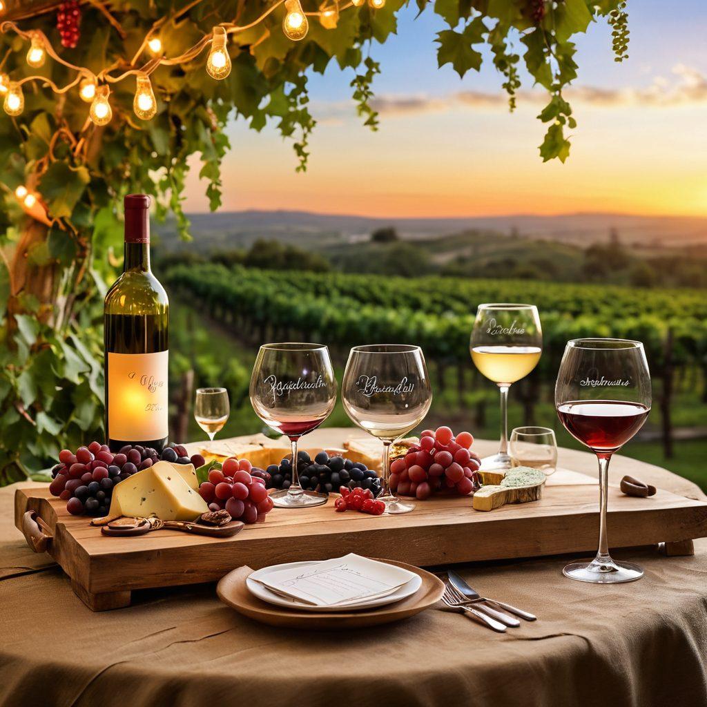 A beautifully arranged wooden table set for a wine tasting event, featuring elegant wine glasses filled with red and white wines. Intricate personalized messages on handcrafted tags attached to each glass, surrounded by lush grapevines and a cozy sunset backdrop. Soft glowing string lights overhead creating an inviting ambiance. Include accents like a cheese platter and rustic décor elements. super-realistic. warm colors. picturesque sunset.