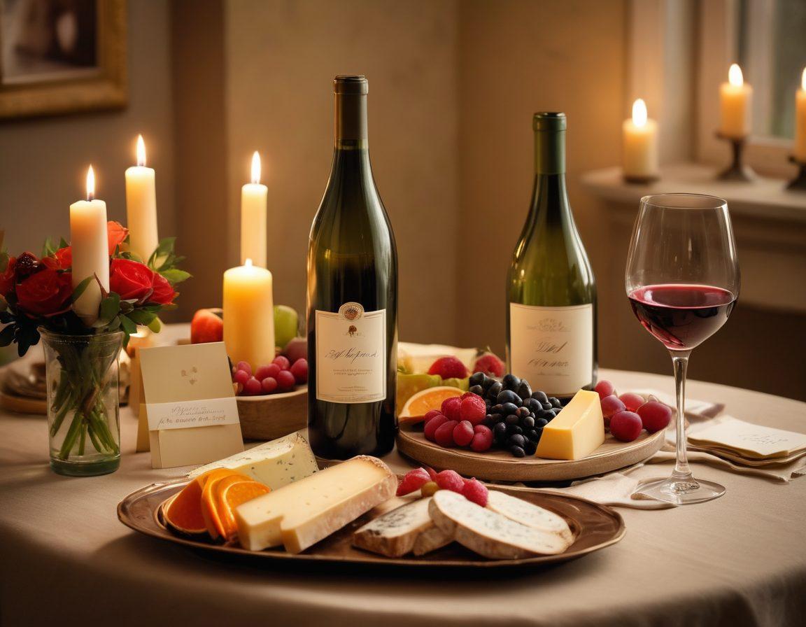 A beautifully arranged table features an elegant wine bottle with a personalized label, surrounded by diverse greeting cards that showcase heartfelt messages. Soft candlelight casts a warm glow on the scene, while delicate cheese and fruit platters add a touch of sophistication. The setting exudes a cozy, inviting atmosphere perfect for celebrations. super-realistic. warm colors. soft focus.